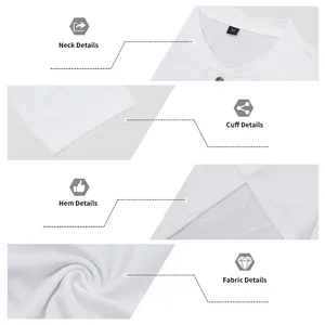 Detail view of men's white cotton Henley shirt neck, cuff, hem and soft fabric texture