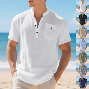 Classic white linen short sleeve Henley shirt for men featuring chest pocket detail