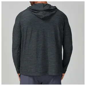 Detailed rear view of men's quick-dry fitness hoodie in charcoal heather gray fabric.
