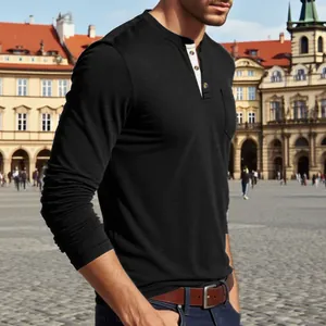 Men's classic black long-sleeve Henley shirt with chest pocket and white placket
