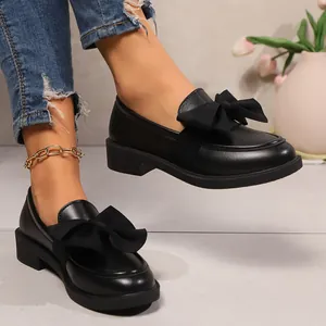 Women British Style Platform Loafers Retro Black Bow Chunky Heel Shoes Autumn Winter Academy Fashion Casual Footwear