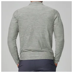 Detailed back view of men's slim-fit heather grey long-sleeve quick-dry athletic top for gym