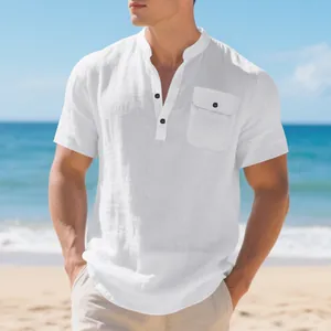 White men's linen short sleeve Henley shirt featuring a chest pocket and soft texture.