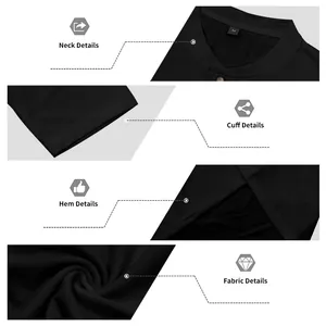 Close-up details of black long-sleeved Henley shirt showing neck, cuff, and fabric