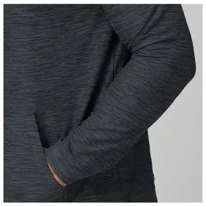 Detail of heather grey quick-dry athletic hoodie showing fabric texture and side pocket