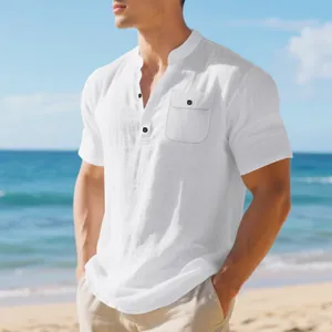 Premium men's white linen short sleeve Henley shirt featuring a stand collar and chest pocket