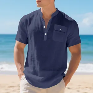 Men's navy blue linen Henley shirt with chest pocket for casual summer beach wear.