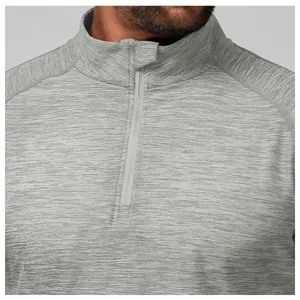 Close-up of the quarter-zip collar on a grey heather men's quick-dry sports shirt.