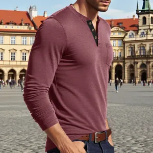 Close-up of men's maroon long-sleeve Henley shirt with contrast black placket and pocket