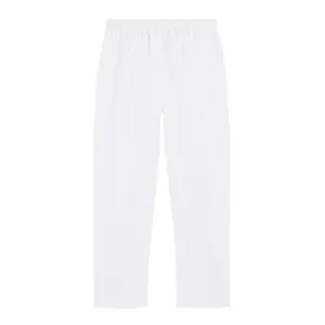 Close-up of white men's loose linen pants featuring elastic waistband and straight leg design