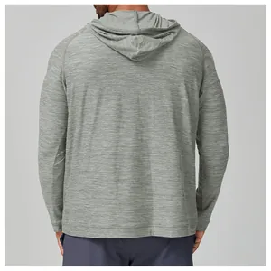 Back view detail of a men's heather grey quick-dry hooded long-sleeve performance sports hoodie