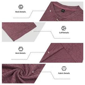 Detail shots of neck, cuff, hem, and fabric of men's retro long sleeve Henley T-shirt