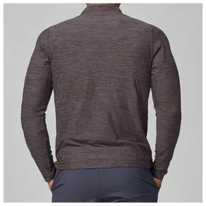 Back view of men's slim fit long sleeve athletic shirt in heathered grey fabric