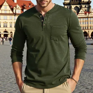 Detailed view of army green long sleeve Henley T-shirt with pocket and slub cotton fabric