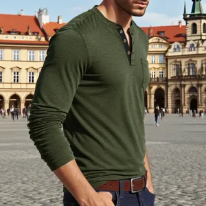 Close-up of olive green long-sleeve Henley shirt with three-button placket and chest pocket