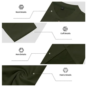 Detailed views of army green men's Henley shirt showing neck, cuff, hem and fabric textures