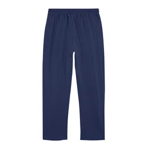 Detailed view of dark navy blue linen-textured straight-leg pants with comfortable elastic waist