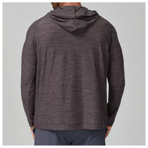 Rear view of men's heather grey quick-dry hooded long-sleeve shirt for training