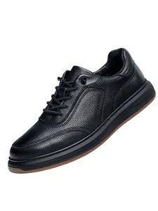 Macro detail of men's black first-layer cowhide leather casual shoe with textured finish