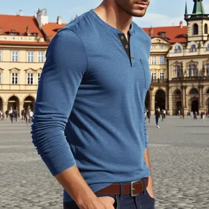 Close-up of men's blue long-sleeve Henley shirt with a chest pocket and buttons.