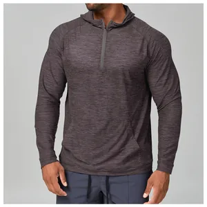Men's quick-dry hooded 1/4 zip long sleeve training top in grey heather finish
