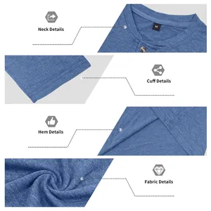 Detailed macro views of blue cotton Henley shirt neck, cuff, hem and fabric texture