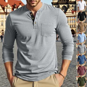 Men's casual long-sleeved Henley shirt with pocket and multiple color options