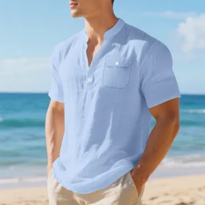 Men's casual linen short sleeve Henley shirt in light blue with stand collar and pocket