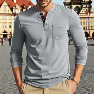 Casual long-sleeve grey Henley shirt for men with chest pocket and button neckline
