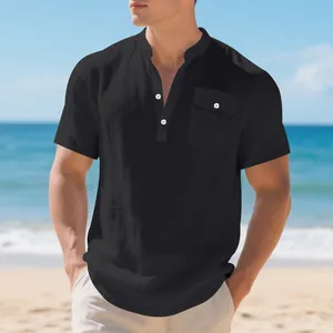 Close-up detail of black linen short sleeve Henley shirt featuring a utility chest pocket