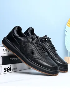 Close-up of black breathable first-layer cowhide leather casual men's shoes