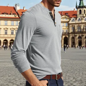 Detailed shot of a men's retro heather grey long sleeve Henley shirt for autumn