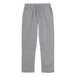 Casual grey linen men's pants featuring pleated knee detail and comfortable drawstring waist