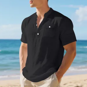 Premium men's casual black linen Henley shirt featuring short sleeves and a stylish stand collar