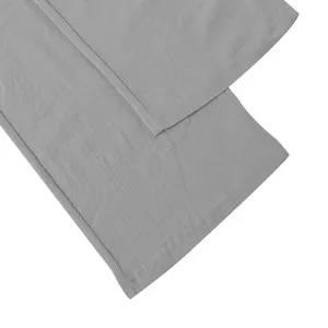 Close-up of the hem on grey linen-textured wide-leg men's casual trousers