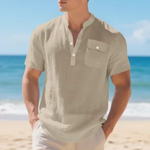 Macro view of men's summer linen Henley shirt with textured fabric on a beach