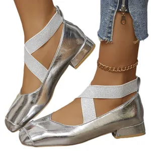 French style silver square toe Mary Jane ballet flats with elastic crossover straps