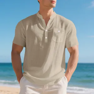 Casual men's summer linen-blend Henley shirt with chest pocket shown on a beach