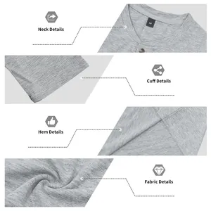 Detailed views of grey men's long-sleeved Henley shirt collar, cuff, hem, and fabric