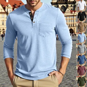 Detailed view of the men's long-sleeve Henley shirt with button placket and chest pocket.