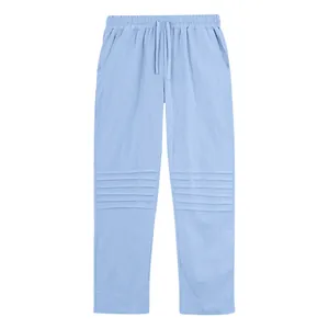 Detailed view of light blue linen men's loose pleated straight-leg pants for autumn