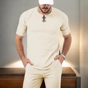 Men's summer waffle knit short sleeve T-shirt with lace-up henley neck in light beige.