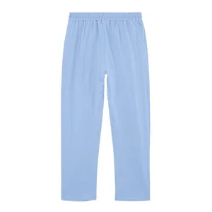 Close-up detailed back view of light blue men's loose-fitting linen straight-leg pants