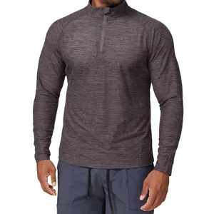 Men's slim-fit long-sleeve athletic shirt with 1/4 zip in charcoal grey melange