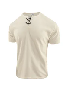 Men's summer waffle knit T-shirt with breathable lace-up neck design