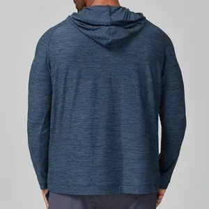 Rear view of a men's high-performance quick-dry blue heathered hooded sports jacket