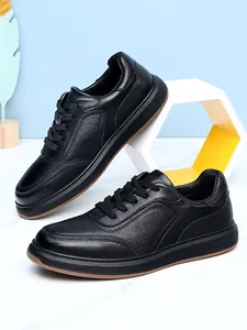 Men's black top-grain cowhide leather sneakers with pebbled texture and non-slip soft sole