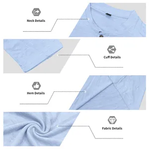 Detail view showing the neck, cuff, hem, and fabric texture of a light blue Henley shirt.