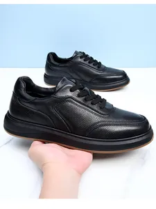 Close-up of black cowhide leather casual shoes showing premium texture and soft sole.