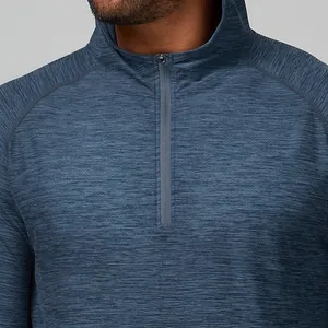 Detailed view of men's quick-dry hooded long-sleeve running jacket with blue textured fabric